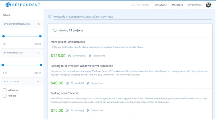 browse respondent projects