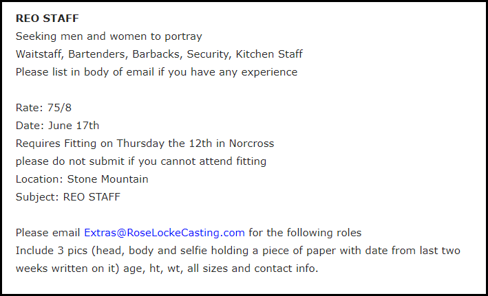 Movie Casting Call for movie extra job Example