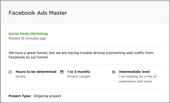 example of a remote marketing job on upwork