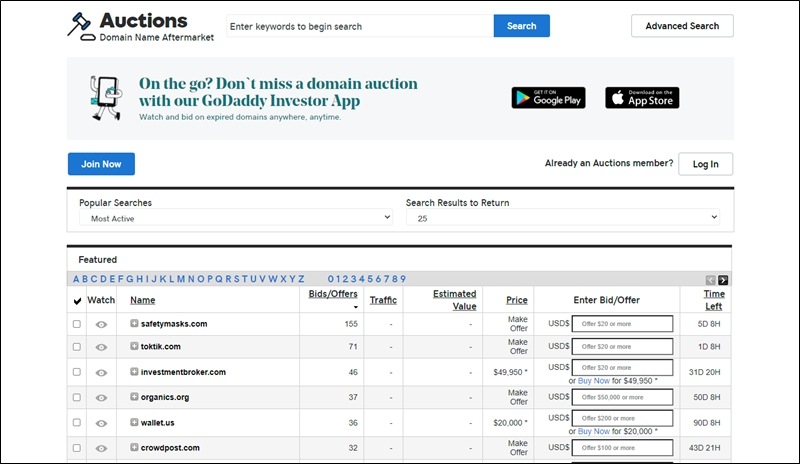 expired domain auction on godaddy
