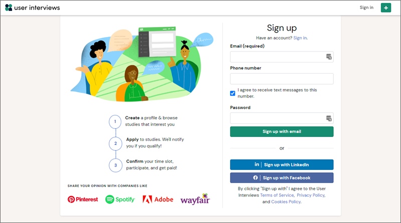 userinterviews sign up screen