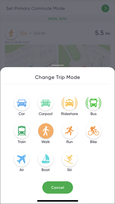 change trip mode in miles app